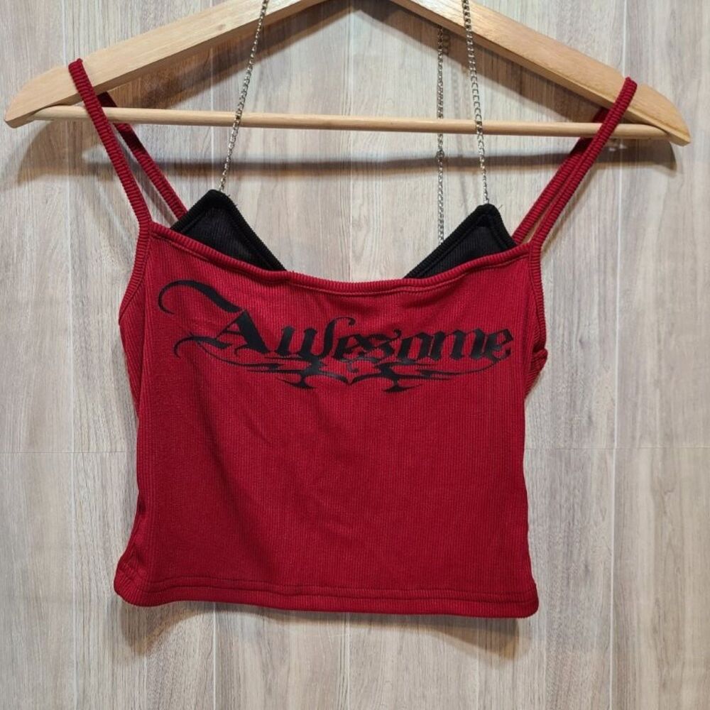 SheIn Red Ribbed Crop Top XS Gothic Graphic Chain Strap Y2K Grunge Edgy Tank